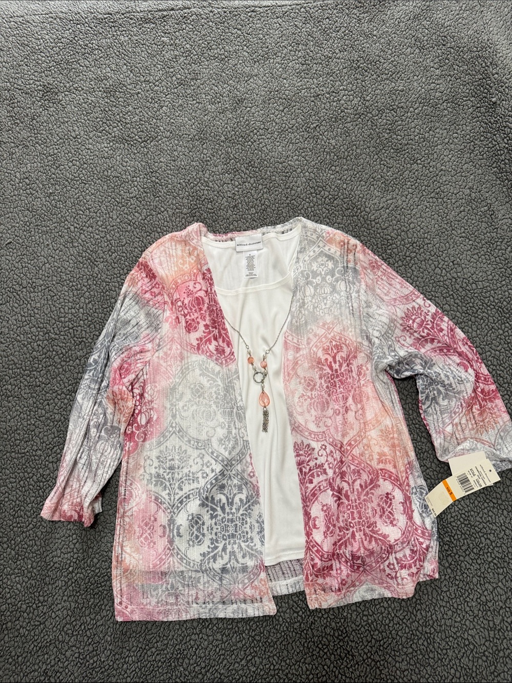 Alfred Dunner Pink & Gray Open-Front Patterned Cardigan